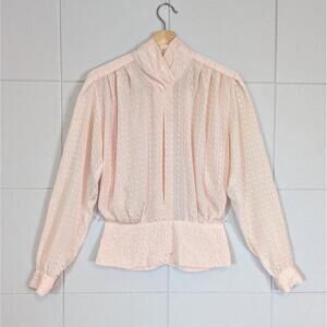 Vintage 80s pink high neck pleated satin romantic blouse